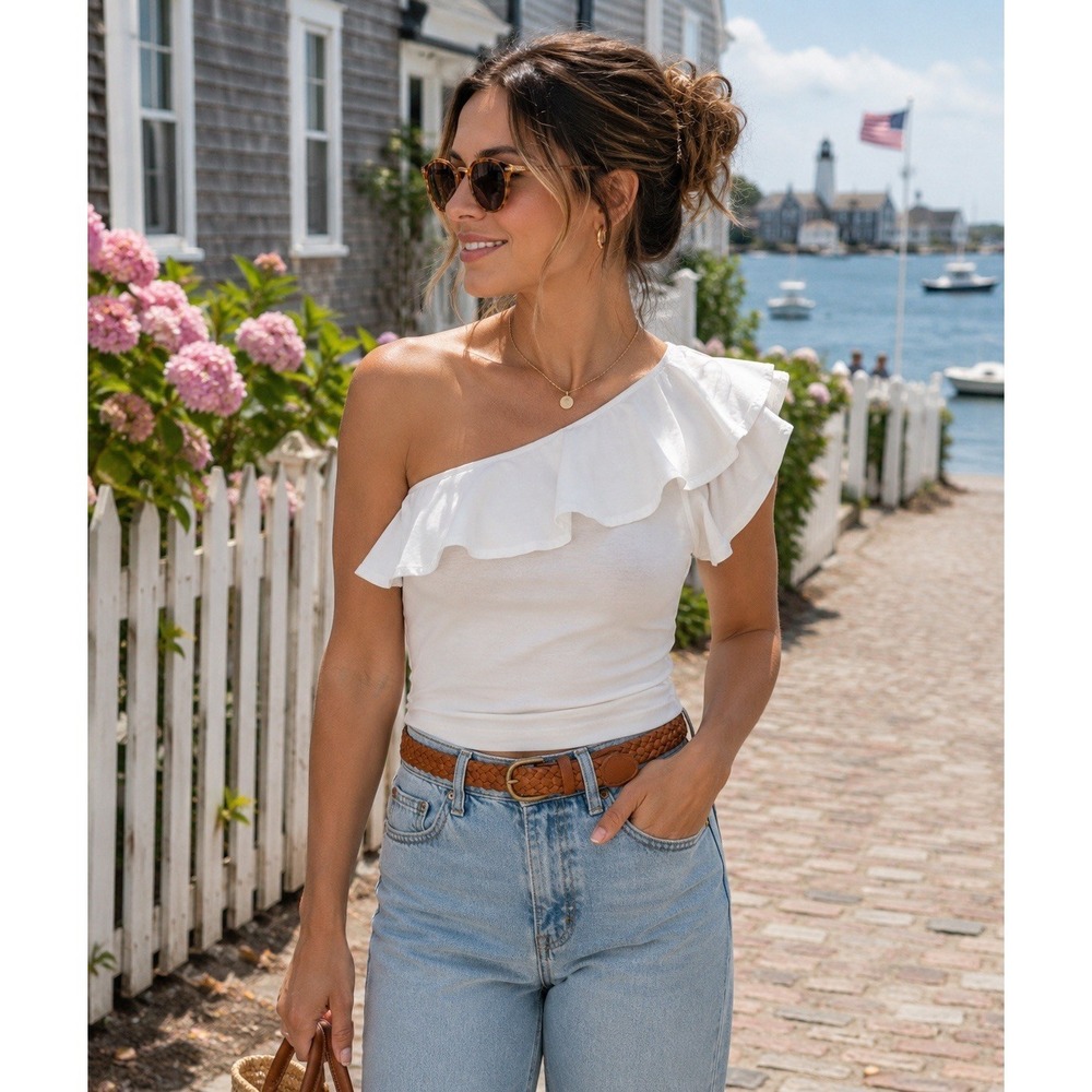 Anthropologie Maeve Tank L White One Shoulder Ruffle Coquette Coastal Chic NWT